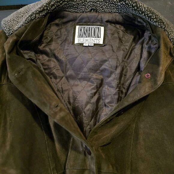 Fashion Elements Vintage Suede Leather Jacket Button Up Sherpa Trim Brown L - Picture 9 of 11